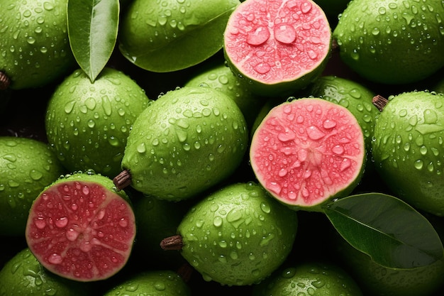 Foto uma goiaba verde com gotas de água em fundo 4k