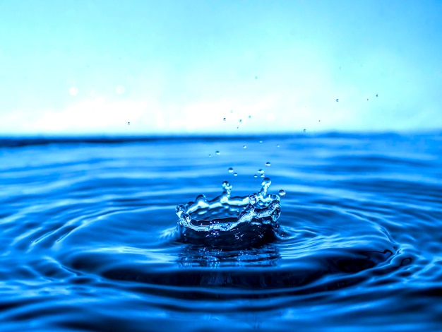 Uma gota azul pinga na água e cria respingos de várias formas, ondas são criadas através da água, o conceito de respingo de líquido, uma substância pintada na cor azul