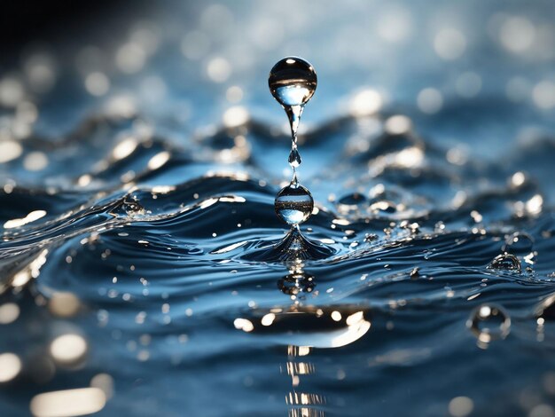 Foto uma gota cai refletindo padrões de ondas na água gerada por ai