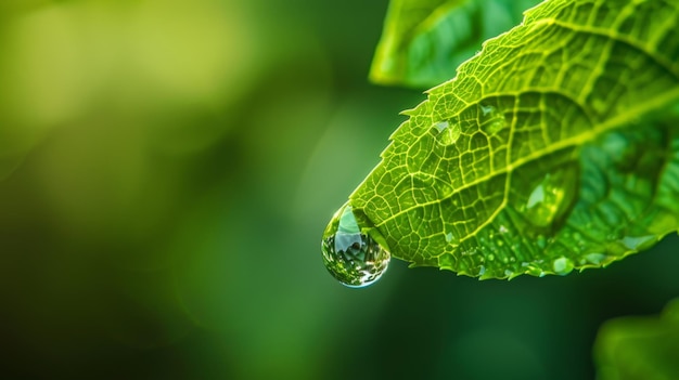 Foto uma gota de água agarrada à ponta de uma folha verde refletindo o ambiente circundante como um espelho em miniatura na natureza