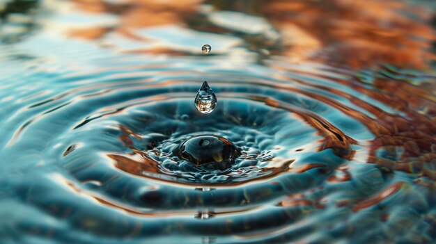 Uma gota de água clara criando ondas circulares ao atingir uma superfície