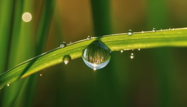 Uma gota de água é refletida em uma folha de grama.