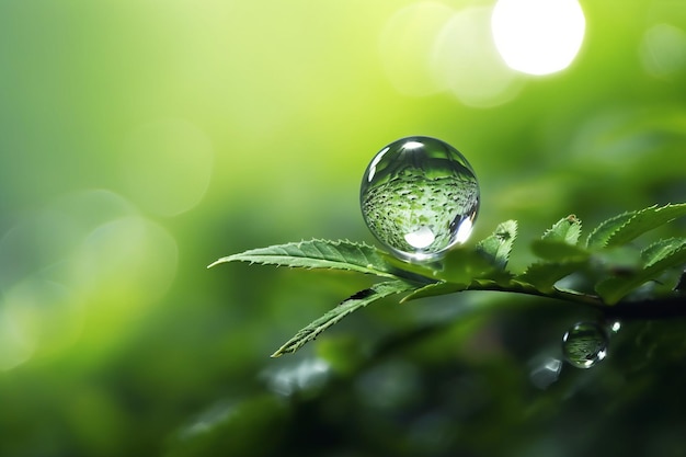 Uma gota de água em uma folha verde