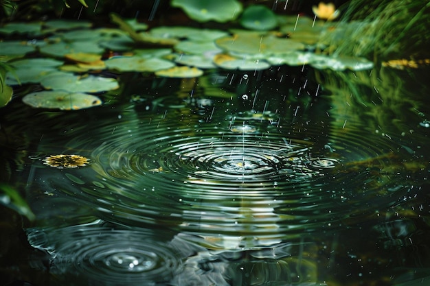 uma gota de água está caindo em uma lagoa com folhas