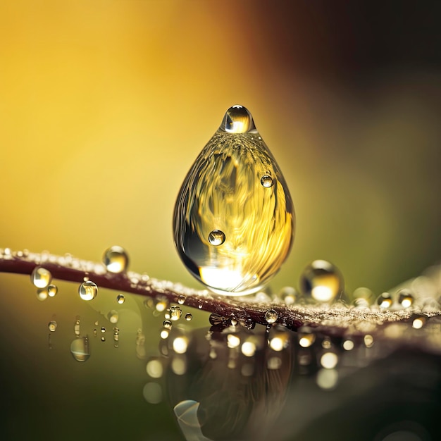 Uma gota de água está sobre uma planta com o sol brilhando sobre ela.