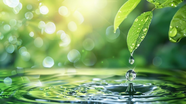 Uma gota de água na natureza com um fundo ecológico verde