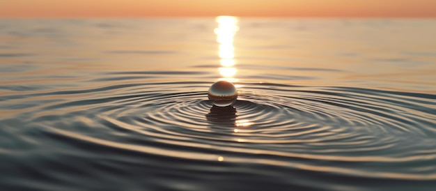 Foto uma gota de água no largo mar calmo com ondas no pôr-do-sol