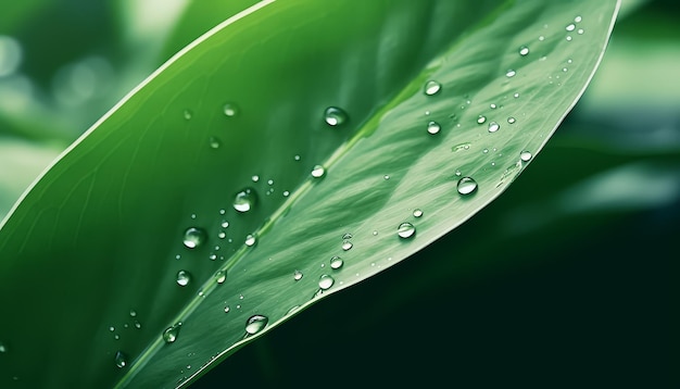 Uma gota de chuva ou orvalho em folhas verdes