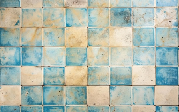 Uma grade de azulejos rachados em tons de azul bege e branco criando uma textura visual única e envelhecida