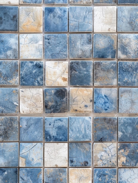 Uma grade de azulejos rachados em tons de azul e bege criando um padrão abstrato visualmente impressionante com uma estética vintage.