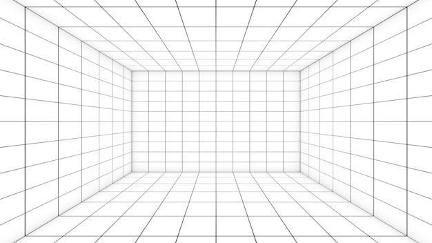 Uma grade de linhas em uma sala branca vazia serve como uma sugestão visual um espaço com uma grade de medição de distância uma grade view3d rendering