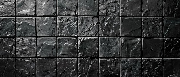 Uma grade perfeita de telhas de ardósia escura cria uma superfície de parede de textura impressionante com variações sutis e rachaduras naturais adicionando profundidade e interesse visual