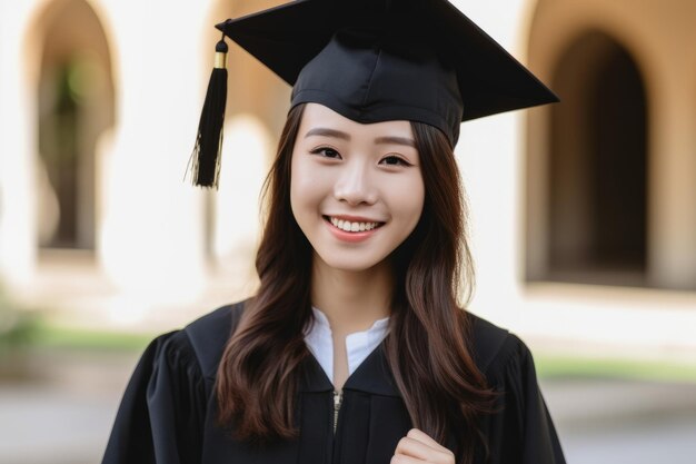 uma graduada sorridente de boné e vestido