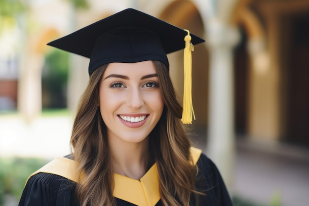 uma graduada sorridente de boné e vestido