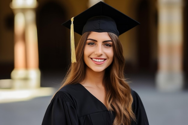 uma graduada sorridente de boné e vestido