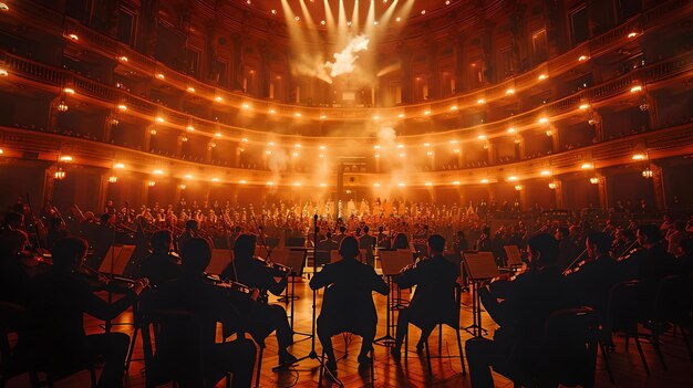 Foto uma grande apresentação orquestral em uma sala de concertos luminosa músicos em foco cativante elegância manifestou evento clássico e elegante ai