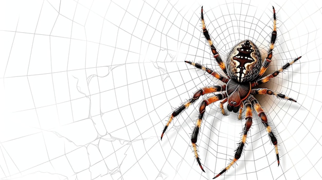 Foto uma grande aranha peluda senta-se no centro de sua teia a aranha é preta com uma marca vermelha em forma de relógio de areia em seu abdômen