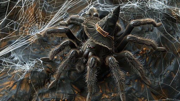 Foto uma grande aranha peluda vestindo um chapéu de bruxa senta-se em uma teia a aranha é preta e marrom com olhos vermelhos