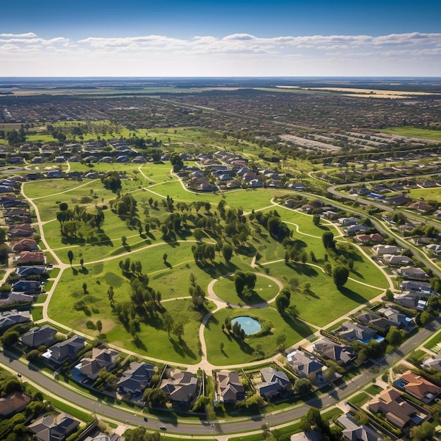 Uma grande área residencial com um grande gramado verde e um grande gramada verde