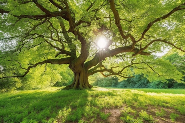 Uma grande árvore com o sol brilhando através dela