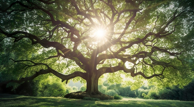 Uma grande árvore com raios de sol brilhantes no estilo de charme pastoral verde escuro e verde claro calmamente poético combinando elementos naturais e artificiais gerados ai
