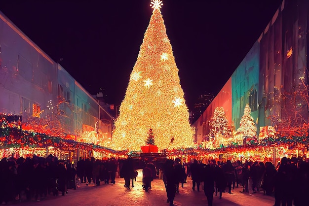 Uma grande árvore de natal é iluminada à noite.