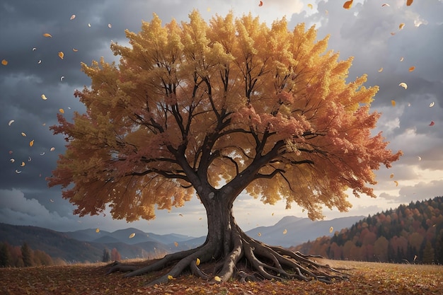 Uma grande árvore de outono com folhas caindo e céu nublado