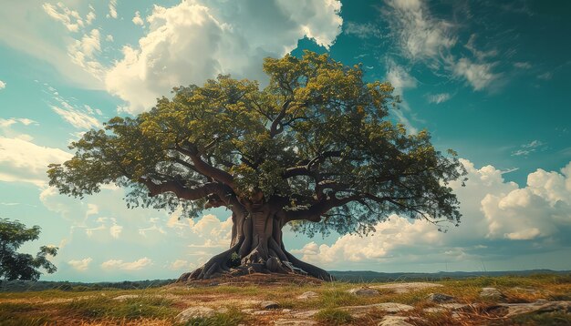 Uma grande árvore está em um campo com um céu nublado ao fundo