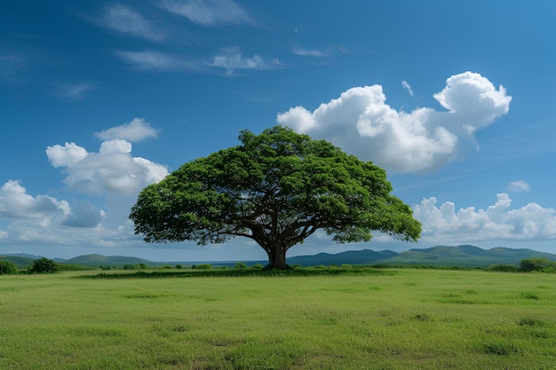 Uma grande árvore num campo.