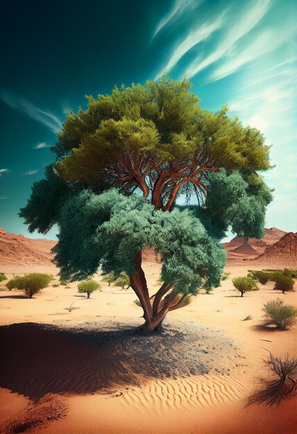 Uma grande árvore verde solitária cresce no meio do deserto gerada pela IA.