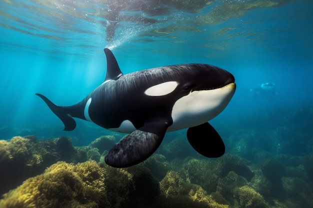 uma grande baleia orca nadando debaixo d'água