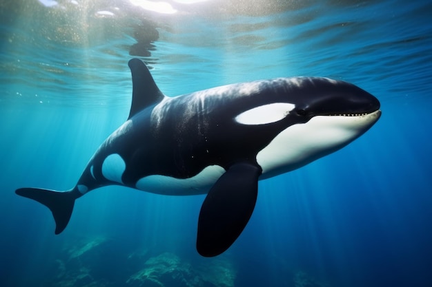 uma grande baleia orca nadando debaixo d'água