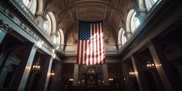 Uma grande bandeira americana está pendurada em um grande edifício.