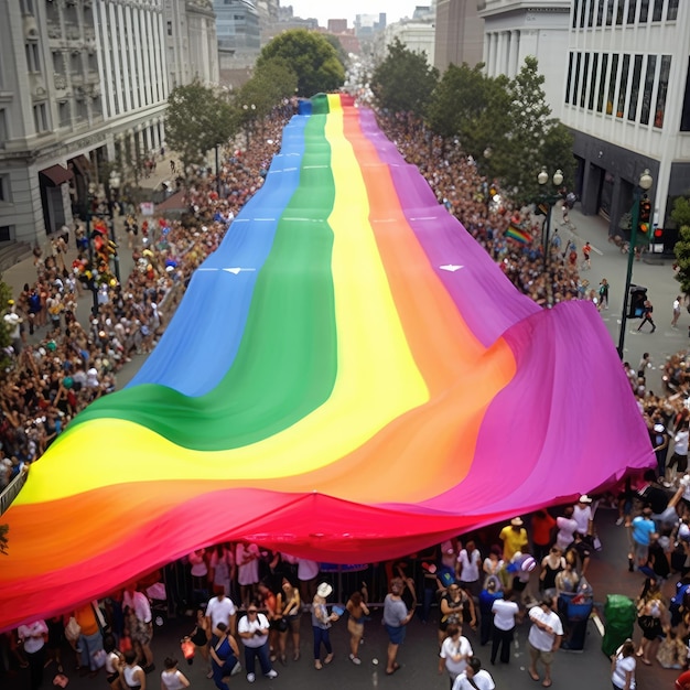 Uma grande bandeira de arco-íris está sendo carregada por uma rua.