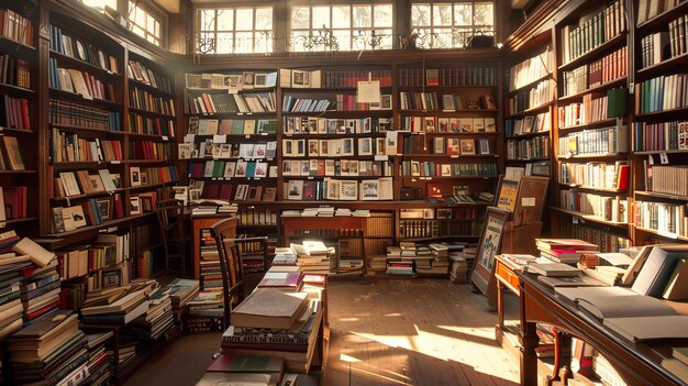 Foto uma grande biblioteca com prateleiras de madeira cheias de livros há uma mesa de madeira no centro da biblioteca com uma pilha de livros sobre ela