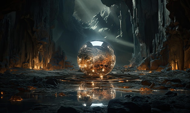 Uma grande bola de cristal sentada no meio de uma caverna