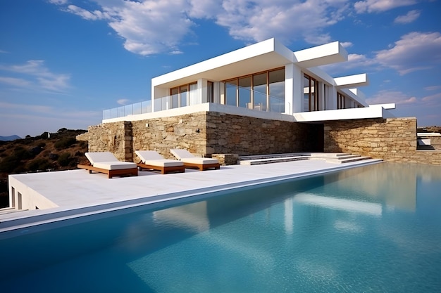 Uma grande casa branca com uma piscina na frente e um céu azul com nuvens ao fundo.