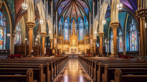 Uma grande catedral com vitrais e em