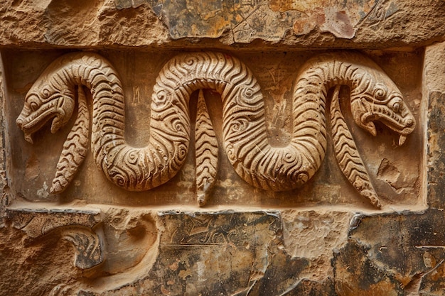 Foto uma grande cobra esculpida numa pedra com as letras h nela