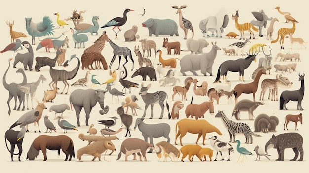 Uma grande coleção de animais, incluindo uma variedade de animais.