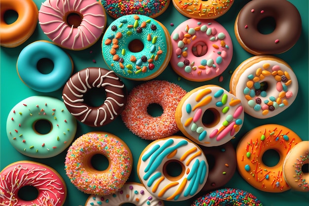 Uma grande coleção de donuts com diferentes cores e confeitos.