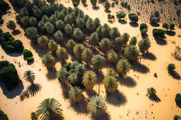 Uma grande colheita de tamareiras visto de cima no deserto