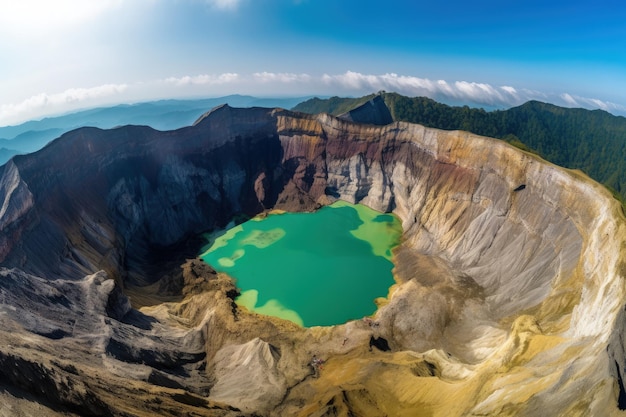 Uma grande cratera com um lago verde no meio dela IA generativa