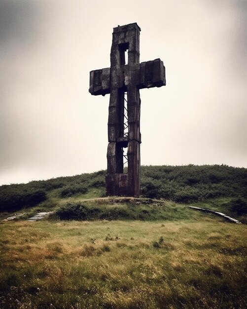 Uma grande cruz em uma colina com a palavra jesus nela