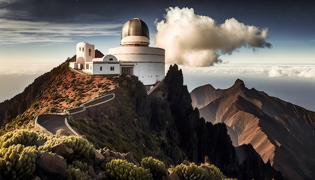 Uma grande cúpula branca em uma montanha com nuvens ao fundo