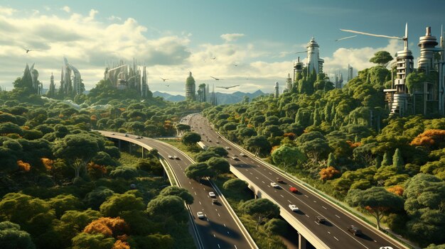 uma grande e bela rodovia e as árvores ao redor e centenas de carros na rodovia