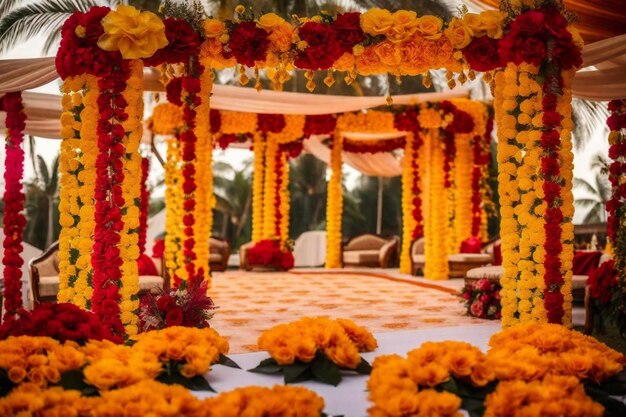 Foto uma grande entrada decorada com flores e um grande arco com um travesseiro vermelho no topo