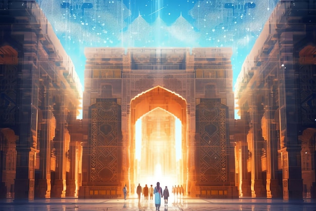Uma grande entrada para uma histórica madrasa islâmica