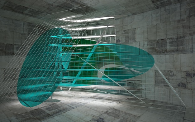 Uma grande escultura de vidro está pendurada em uma sala de concreto com um objeto verde no meio.