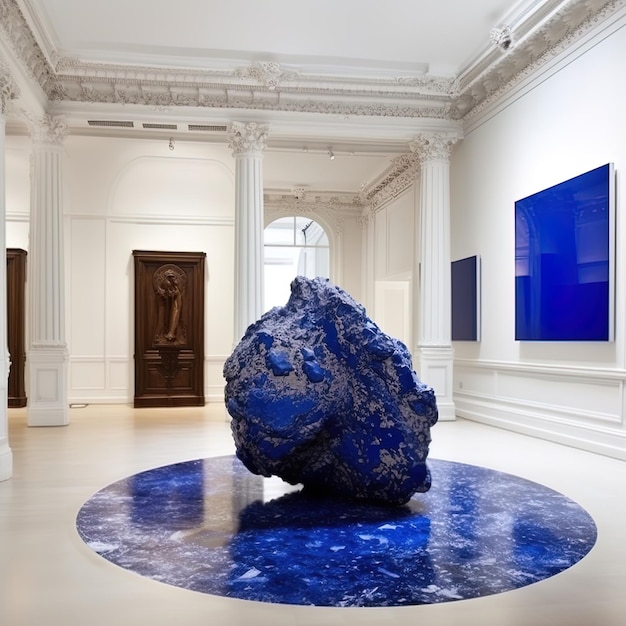 Foto uma grande escultura em um museu com uma peça de arte azul à esquerda